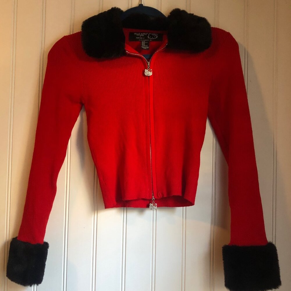 Forever 21 Hello Kitty Sanrio Zip Up Sweater Cardigan Red Faux Fur Collar XS